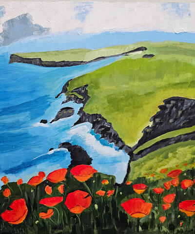 Acrylic painting of a sea side scene - orange, blue, green
