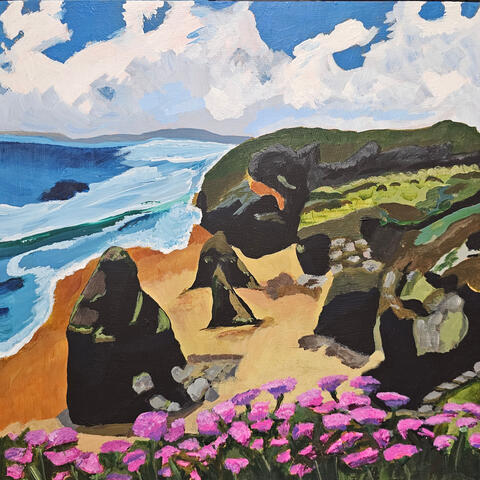 Flowers by the Sea a beach with rocks and lots of waves in the ocean.
