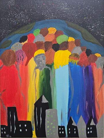 A city and it's people. This depicts our planet, our atmosphere, and us. The fragile biosphere keeping us alive, healthy and safe. My attempt to say a lot on a small canvas.